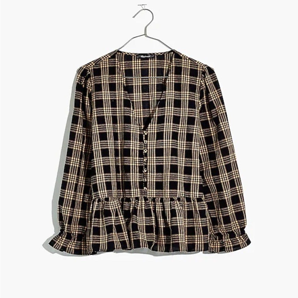 Madewell Courtyard Ruffle-Hem Top in Metallic Plaid